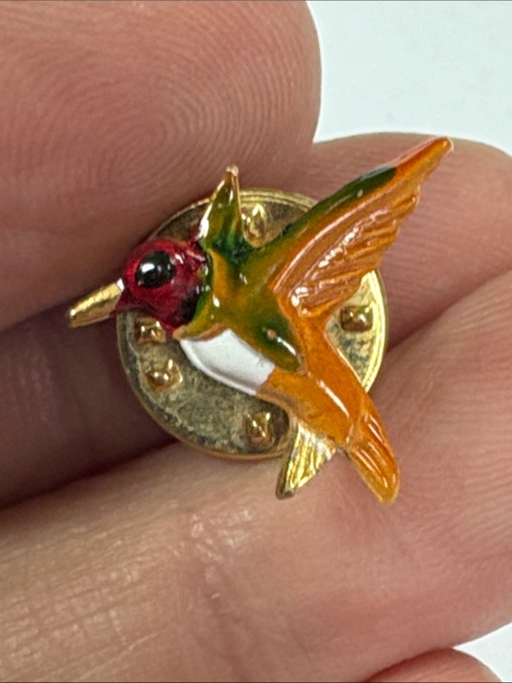 Gold-Tone Enamel Hummingbird Brooch - Orange, Red, Green